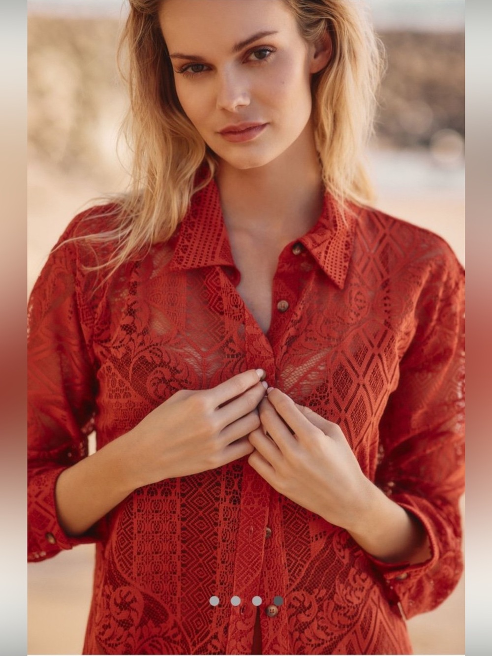 Anthropologie Rust Sheer Lace Button Up Tunic Blouse Coverup Boho Cottagecore